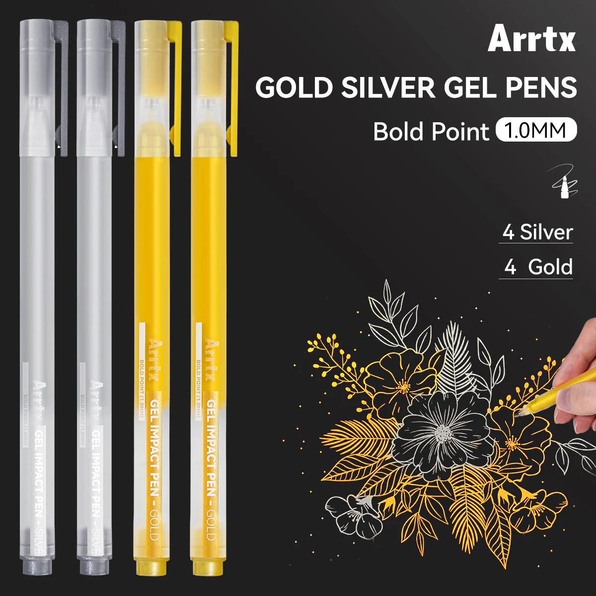 Arrtx Gel Pens Gold & Silver Color 8 Pack Large Capacity White Ink Pens - Image 2